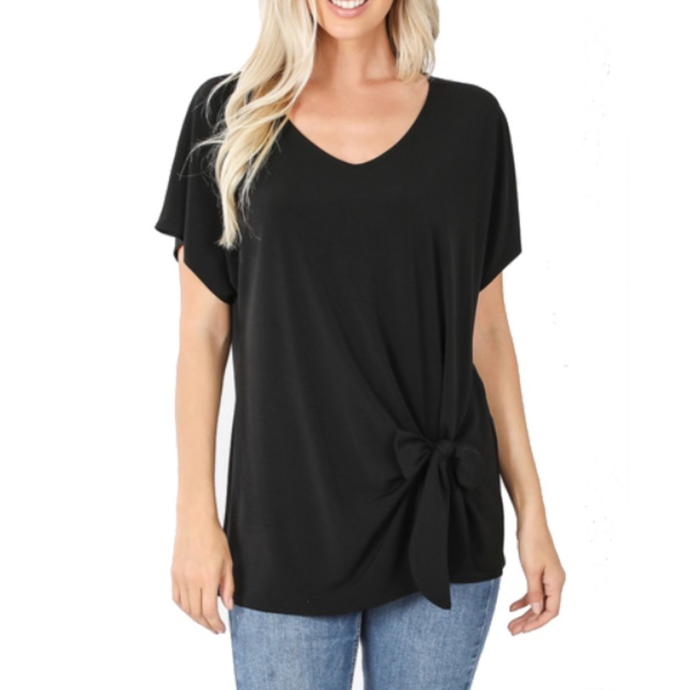 Black Tie Front Short Sleeve Tee Shirt